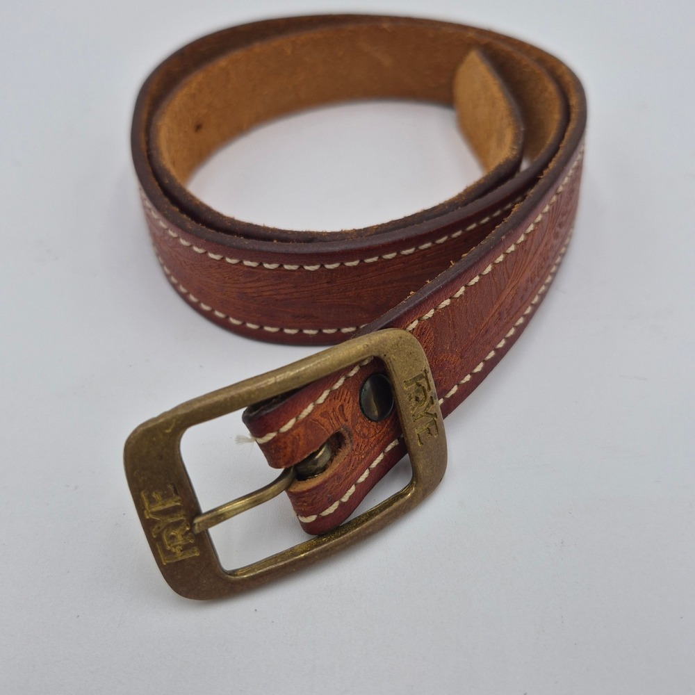 Frye Brown Tooled Leather Belt Western Floral Stitched Brass Buckle 61032 Sz 28